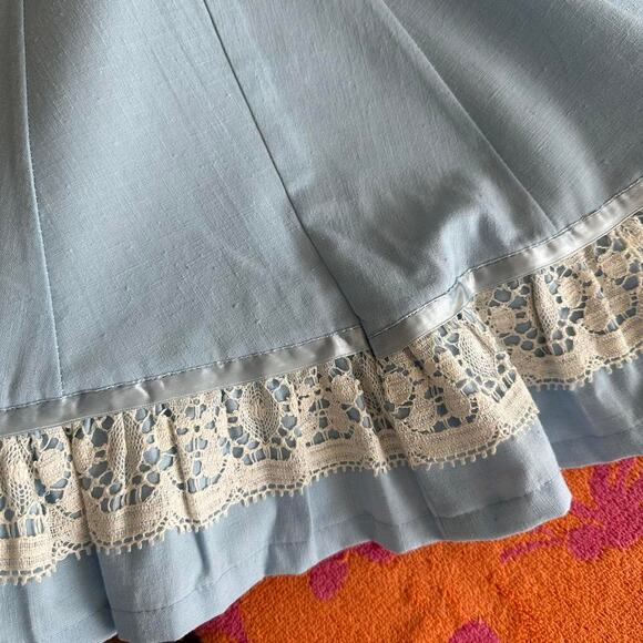 handmade blue white linen blend crochet lace trim mini skirt - Picture 7 of 9